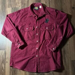 Cabelas Mens‎ L Burgundy Button Down Long Sleeve Shirt Dog Logo Maroon
